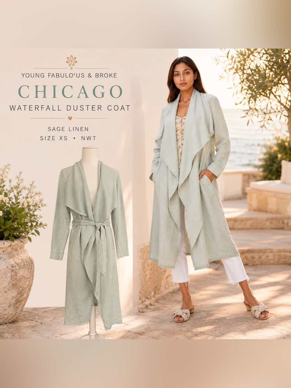 Young Fabulous & Broke Chicago Duster Coat XS Sage Linen Waterfall Jacket NWT